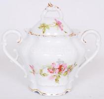 cca 1900 Festett aranyozott cseh porcelán cukortartó domborműves ornamentikával /  Bohemian painted gold plated porcelain sugar bowl with relief decoration, 15x18cm