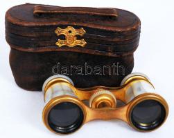 Gyöngyházberakású színházi látcső fém és sárgaréz elemekkel, eredeti tokjában /  Brass and metal theatre binoculars