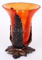 Bronzírózott fém váza, repesztett üvegbetéttel, peremén kis csorba, m:13 cm