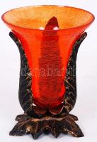 Bronzírózott fém váza, repesztett üvegbetéttel, peremén kis csorba, m:13 cm