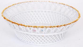 Román porcelán kosár, áttört, fonott mintával, matricás, aranyozott széllel, hibátlan, jelzett, d:21...
