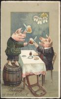 New Year, pigs are drinking beer, litho (EK)