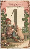 New Year, dwarf with pig, litho Emb.