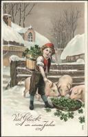 New Year, boy, pigs are eating clover, litho Emb.