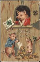 New Year, pigs and money, litho Emb. (EK)