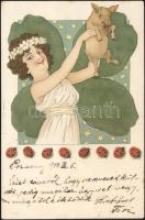 New Year, woman with a pig, clover and ladybirds, litho