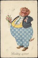 New Year, fat pig with bouquet, s: Thiele