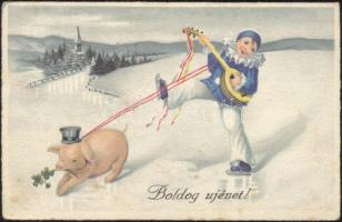 New Year, ice-skater child with pig, litho