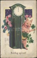 New Year, pig with clovers, standing clock, litho (fa)