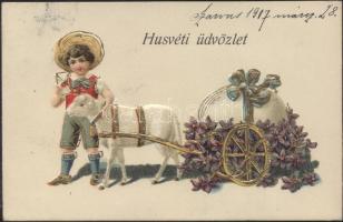 Easter, boy with sheep carriage, egg, hidden message under the stamp, litho Emb.