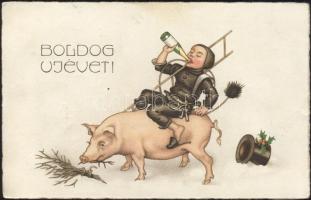 New Year chimney sweeper rides pig, litho