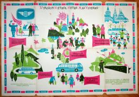 cca 1970 Ibusz reklámplakát az országos autóbuszhálózat térképével, 58x81cm