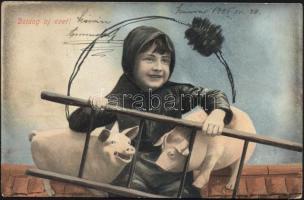 New Year, chimney sweeper boy with pigs, hidden message under the stamp
