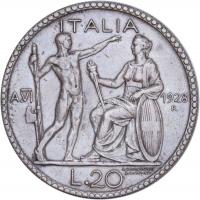 Olaszország / Királyság 1928VI R. 20L Ag "III. Viktor Emánuel jobbra néző portréja / vesszőnyal...