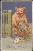 New Year, pig with clovers and money, litho (EK)