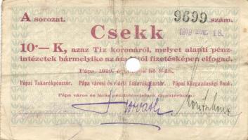 Pápa 1919. május 8. "Pápai csekk" 10K "A" (3x) + 20K "B" (10x) + 50K "E" (3x) mind lyukasztással érvénytelenítve T:I-,II,III