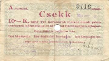 Pápa 1919. május 8. "Pápai csekk" 10K "A" (3x) + 20K "B" (10x) + 50K &...