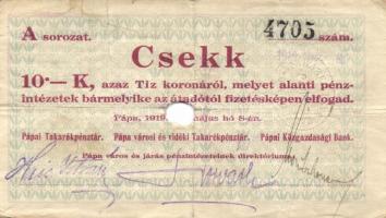 Pápa 1919. május 8. "Pápai csekk" 10K "A" (3x) + 20K "B" (10x) + 50K &...