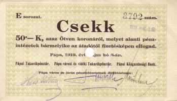 Pápa 1919. május 8. "Pápai csekk" 10K "A" (3x) + 20K "B" (10x) + 50K &...
