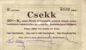 Pápa 1919. május 8. "Pápai csekk" 10K "A" (3x) + 20K "B" (10x) + 50K &...