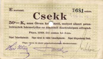 Pápa 1919. május 8. "Pápai csekk" 10K "A" (3x) + 20K "B" (10x) + 50K &...