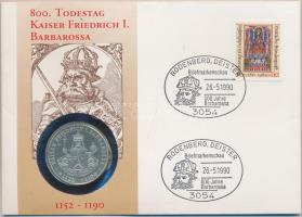 Németország 1990F 10M Ag "I. Barbarossa Frigyes" bélyeges érmés borítékon alkalmi bélyegzővel, hátoldali ismertető tanúsítvánnyal T:1- Germany 1990F 10 Mark Ag "Frederick I" medallic letter with stamp and information C:AU