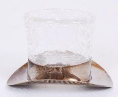 Cilindert formájú fém fogpiszkáló tartó, repesztett technikájú üveggel, 4×7 cm