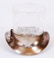 Cilindert formájú fém fogpiszkáló tartó, repesztett technikájú üveggel, 4×7 cm