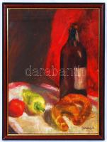 Gyenes Gitta jelzéssel: Csendélet egy szerény vacsora kellékeivel. Olaj, karton, üvegezett keretben, 44x33cm