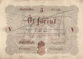 1848. 5Ft "Kossuth-bankó" barna, hátlap barna keretnyomat és fekete szöveg, a bankjegy grafit ceruzás áthúzással érvénytelenítve/bevonva(?) T:hajtatlan, fo. penészgomba nyomai