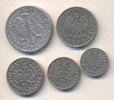 Lengyelország 1923. 10Gr + 20Gr + 50Gr + 1929. 1Zl + 1958. 5Zl T:2,2- Poland 1923. 10 Groszy + 20 Groszy + 50 Groszy + 1929. 1 Zloty + 1958. 5 Zlotych C:XF,VF