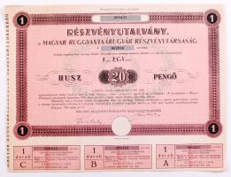 Budapest 1946. "Magyar Ruggyantaárugyár Részvénytársaság részvényutalványa 20P-ről Hungary 1946. "Hungarian Rubber Factory Joint-Stock Company" share about 20 pengő