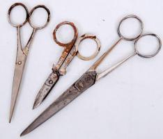 3 db olló ebből kettő Solingen márkájú, apró rozsda nyomok, h:10,13,17 cm