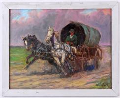 Kolozsváry Kamillo (1936-2009): Lovaskocsis, olaj, vászon, jelzett, üvegezett keretben, 28 x 35 cm