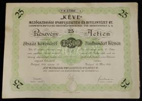 1924. "KÉVE Mezőgazdasági Iparfejlesztési és Hitelintézet Rt." részvénye 12.500K-ról (25 részvény egyenként 500K) szelvényekkel kiváló állapotban