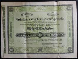Ausztria / Sankt Pölten 1908. "Alsó-Ausztria- Stájerországi Alpesi Vasút" II. kiadású részvénye 200 Koronáról szelvényekkel T:kétszer hajtva Austria / Sankt Pölten 1908. Niederösterreichisch-steierische Alpenbahn" 2nd emission share about 200 Corona with coupons C:bent two times