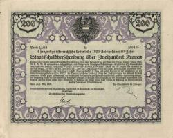Ausztria / Bécs 1920. 4%-os államadóssági kötvény 200 Koronáról, szelvények nélkül Austria / Vienna 1920. "Staatsschuldverschreibung" bond about 200 Corona without coupons