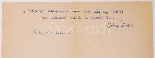 1962 Sinka István (1897-1969) költő, író saját kézzel írt válaszlevele egy olvasójához