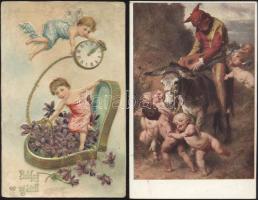 8 db régi, vegyes tematikájú képeslap, 2 üdvözlőlap, az egyik dombornyomott litho, és 6 művészlap, pinx. Makowsky, Benyovszky, Skuteczky, Mihálovits, Bihari, Benczúr/ 8 pieces postcards, 2 greeting cards (one is embossed and litho), 6 artist cards, pinx. Makowsky, Benyovszky, Skuteczky, Mihálovits, Bihari, Benczúr