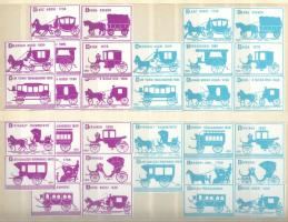 64db magyar gyufacímke: "A kocsi története" és "Mozdonyok" sorozatok, 2-2 színben