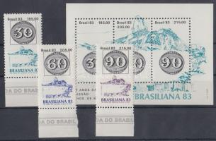 BRASILIANA '83 stamp exhibition margin set + block, BRASILIANA '83 Bélyegkiállítás ívszéli sor + blokk