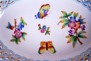Herendi Viktoria mintás áttört díszkosár, jelzett, kézzel festett, hibátlan, 25×18 cm