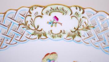 Herendi Viktoria mintás áttört díszkosár, jelzett, kézzel festett, hibátlan, 25×18 cm