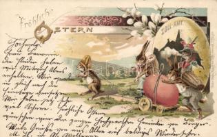 Easter, rabbits with eggs, customs office, litho