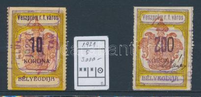 1921-1922 2 db Veszprém városi illetékbélyeg