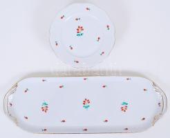 Herendi csipkebogyó mintás süteményes készlet, kézzel festett, jelzett, hibátlan, tányérok d:19 cm, füles süteményes tál: 49×17 cm