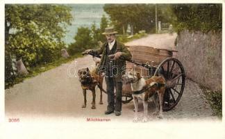 Milk carrier men with milk barrow and dogs