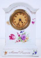 Victoria, Karlsbad márkájú porcelán óra, " Marvel Szappan" felirattal, hibátlan, jelzett, működik, kopott aranyozás m:16 cm, h:11 cm