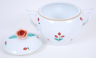 Herendi csipkebogyó mintás cukortartó, kézzel festett, jelzett, rózsán nagyon apró hibák, m:10cm, h:...