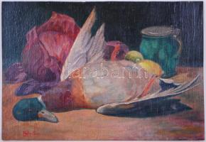 Pállya Celesztin jelzéssel: Vadász csendélet. Olaj, farost, 37×46 cm, hátlapján aukciós információk